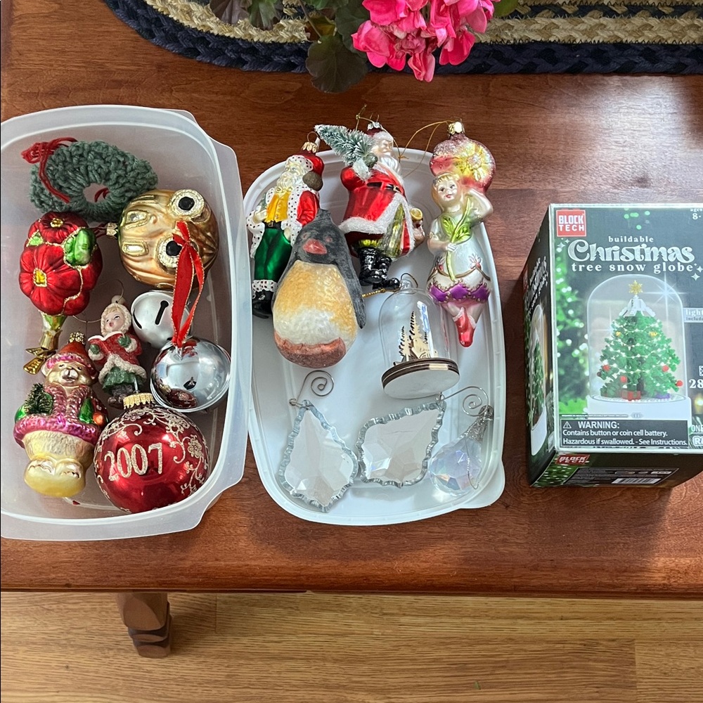 Holiday Ornament Set with Santa and Snow Globe
